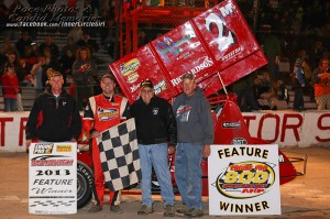 Dustin Daggett after winning the feature and championship at Tri-City Speedway. - Jennifer Peterson Photo