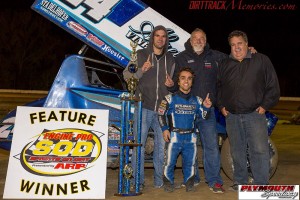 RIco Abreu and crew in victory lane after winning Saturday night at Plymouth Speedway. - Jennifer Peterson Photo