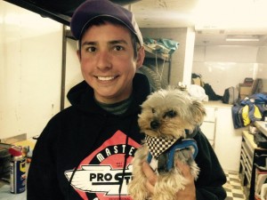 Ryan Ruhl and his dog Khan following his victory at Crystal Motor Speedway. (T.J. Buffenbarger Photo)